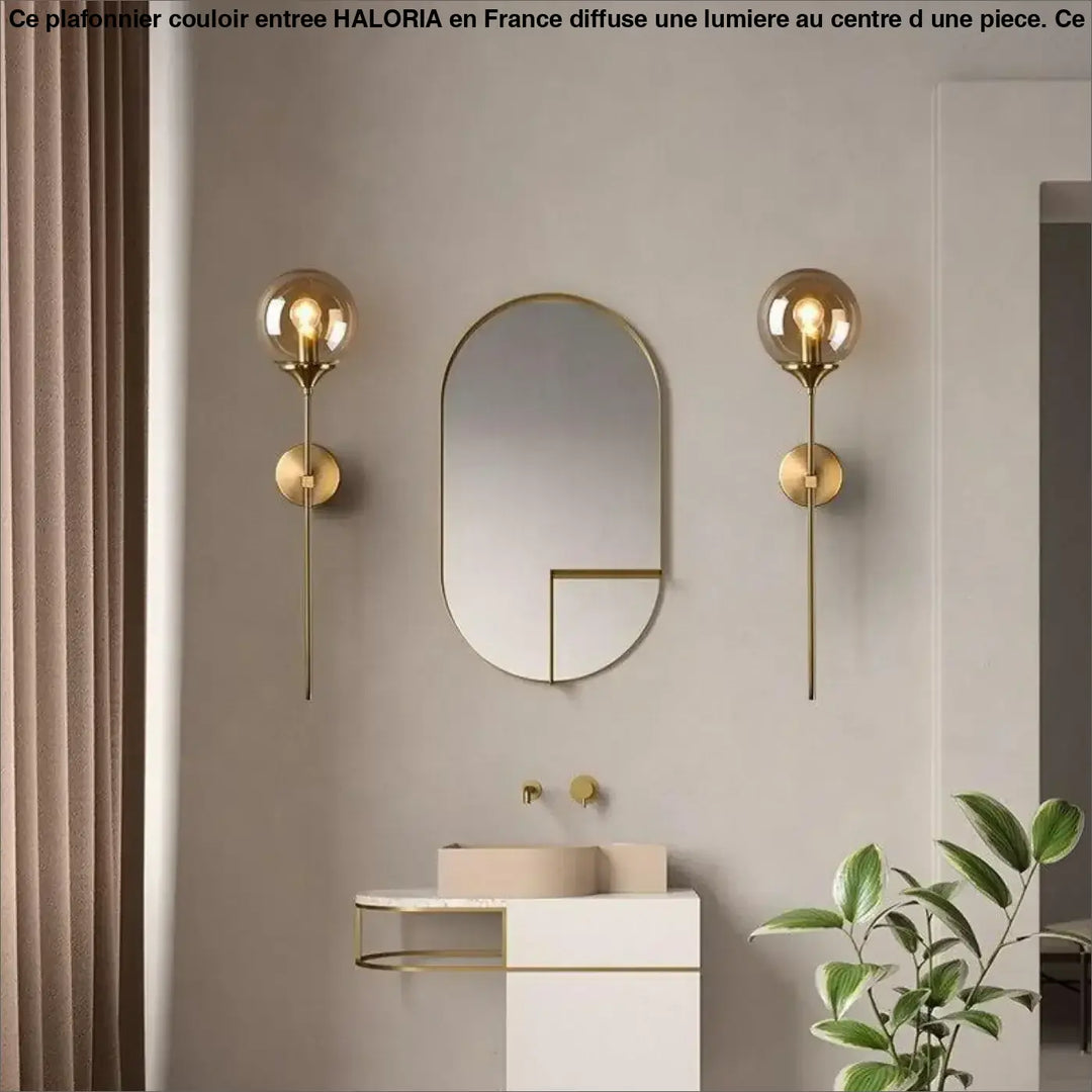 Plafonnier couloir entree haloria avec appliques murales sphériques dorées à tige fine et base circulaire