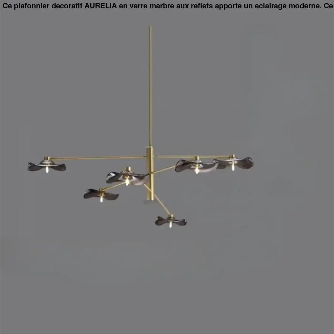 Suspension luminaire vetros en laiton moderne avec six abat-jours en verre translucide foncé en forme de feuille