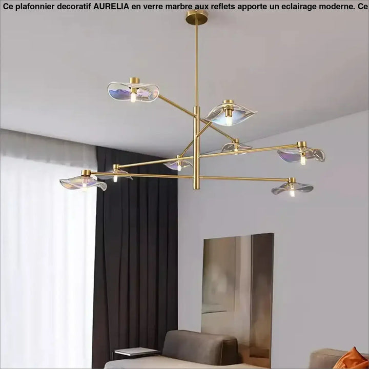 Suspension luminaire vetros en laiton moderne avec abat-jours en verre irisé pour un luminaire design inspirée contemporain