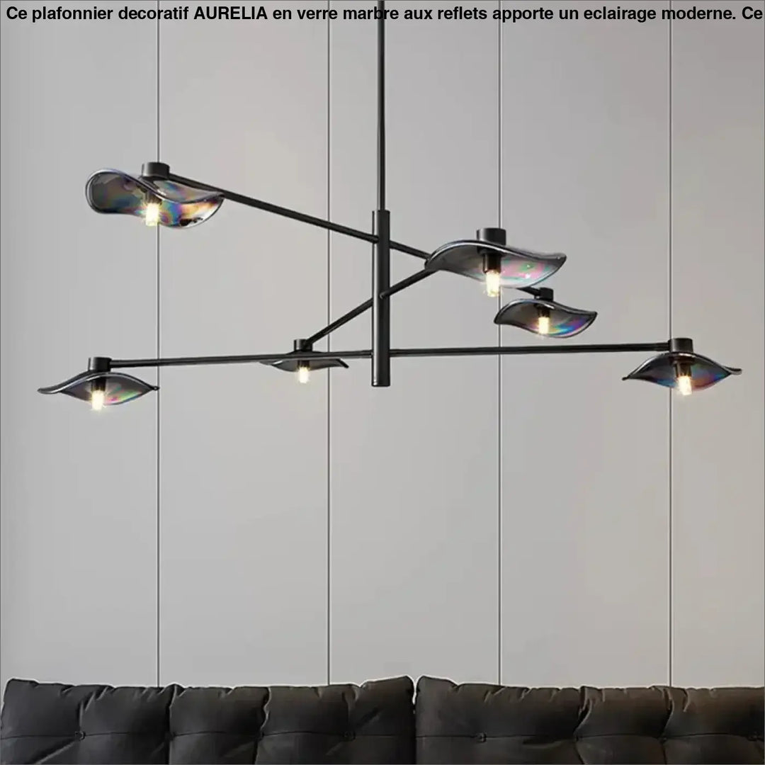 Suspension luminaire vetros en métal noir avec six abat-jours en verre irisé design inspirée moderne