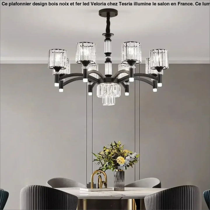 Suspension luminaire élégante en métal noir et cristal design