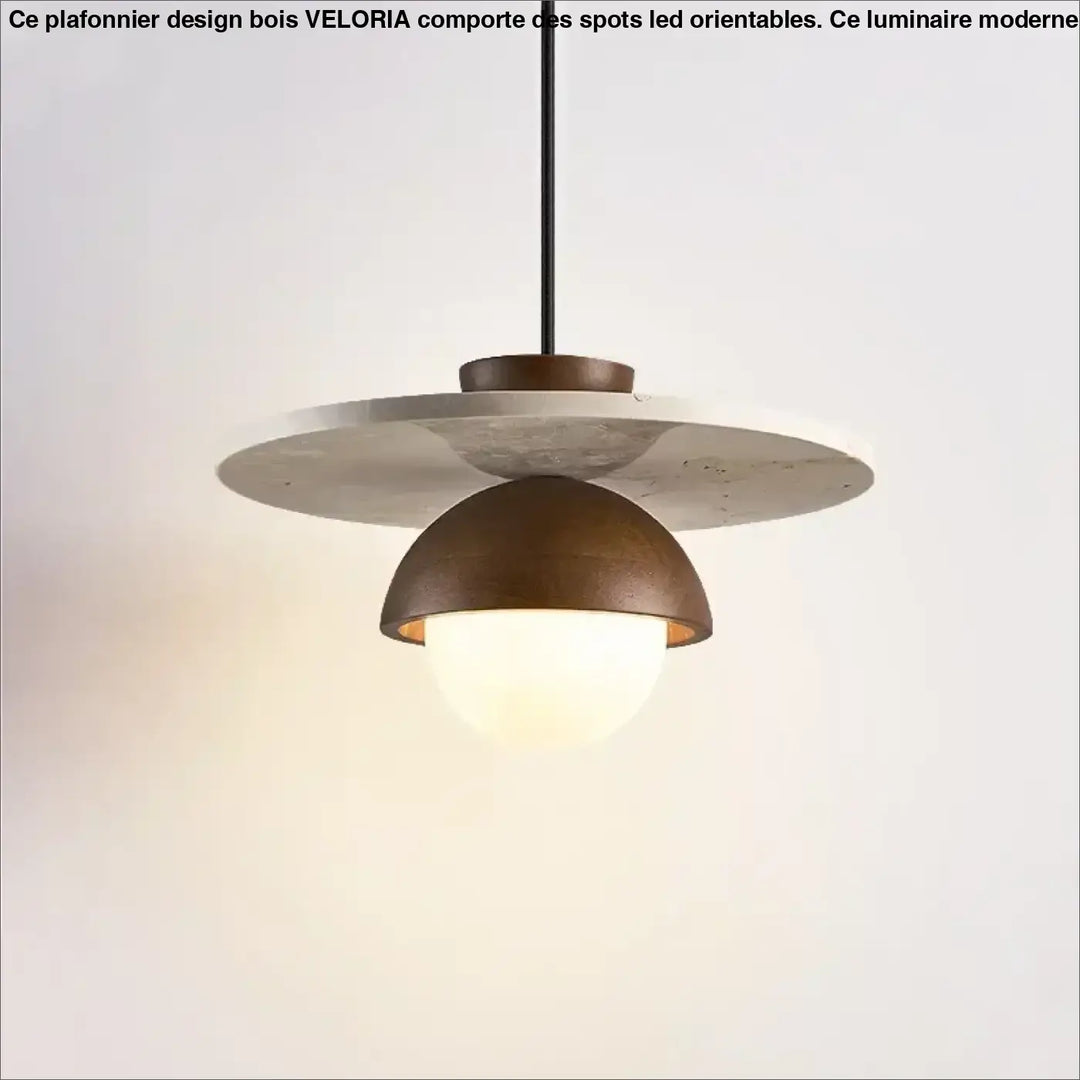 Plafonnier design bois avec spot led orientable en dome bronze mat, globe en verre dépoli blanc et disque en béton circulaire