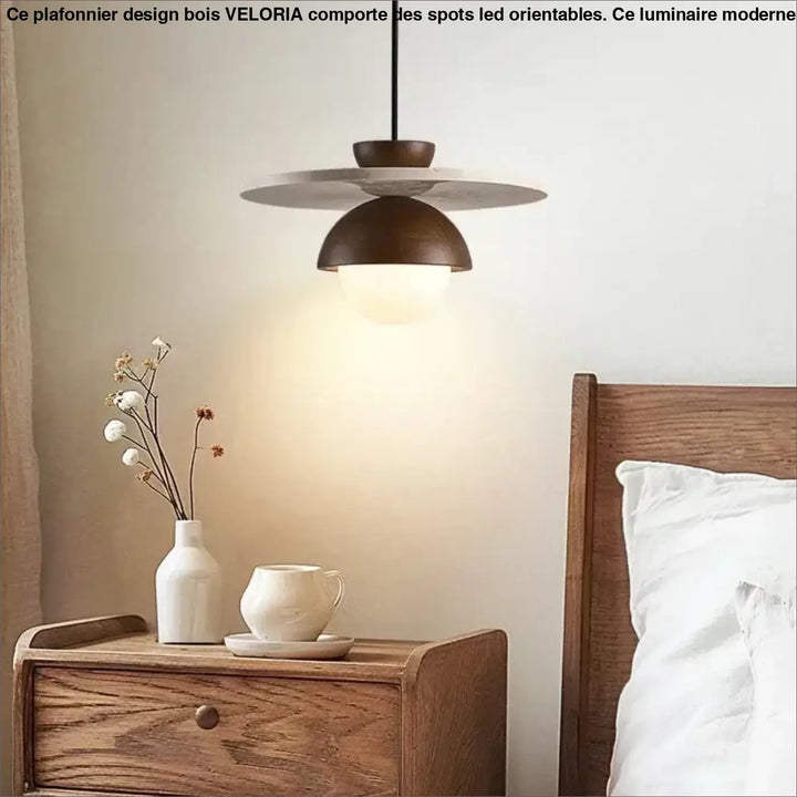 Plafonnier design bois avec spots led orientables, corps en bronze foncé et abat-jour en verre blanc mat suspendu par cordon noir