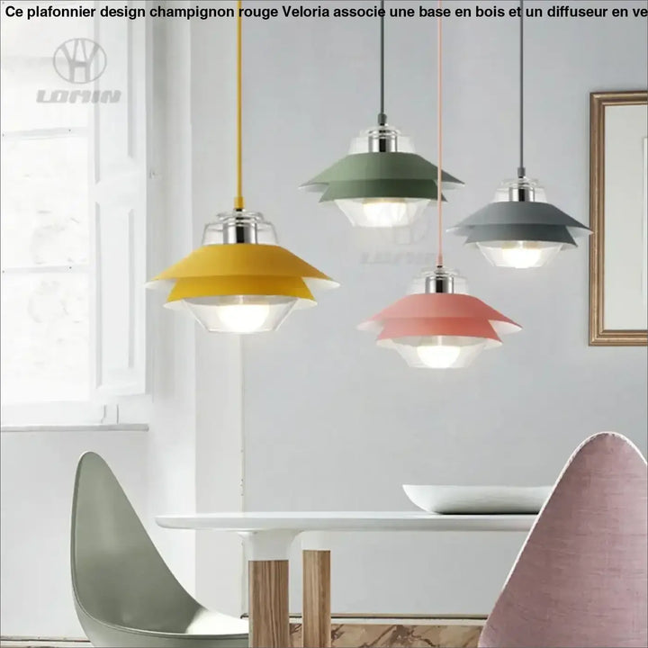Suspension luminaire ariella avec abat-jours superposés en forme de pétale jaune, vert, gris et rose pour décoration intérieure design