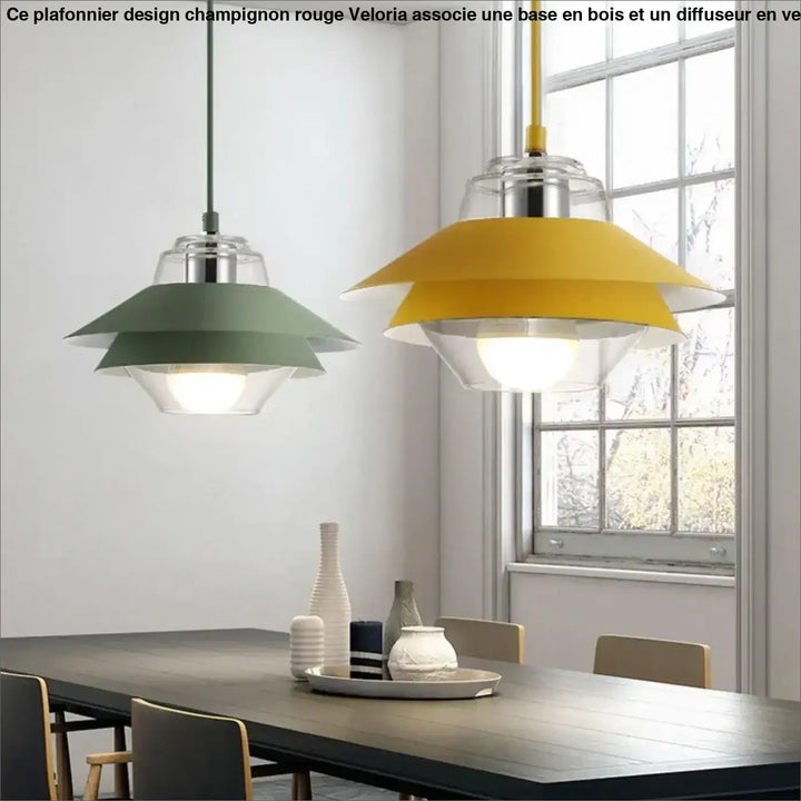 Suspension luminaire ariella avec abat-jours superposés mat jaune vif et vert sauge pour décoration intérieure moderne