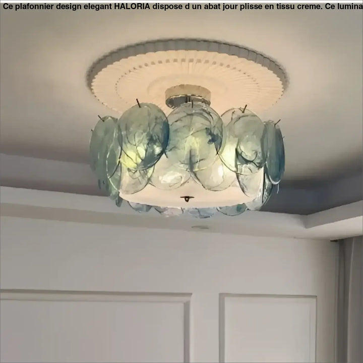 Luminaire plafonnier abalone avec panneaux en verre translucide en forme de feuille, teinte bleu sarcelle doux