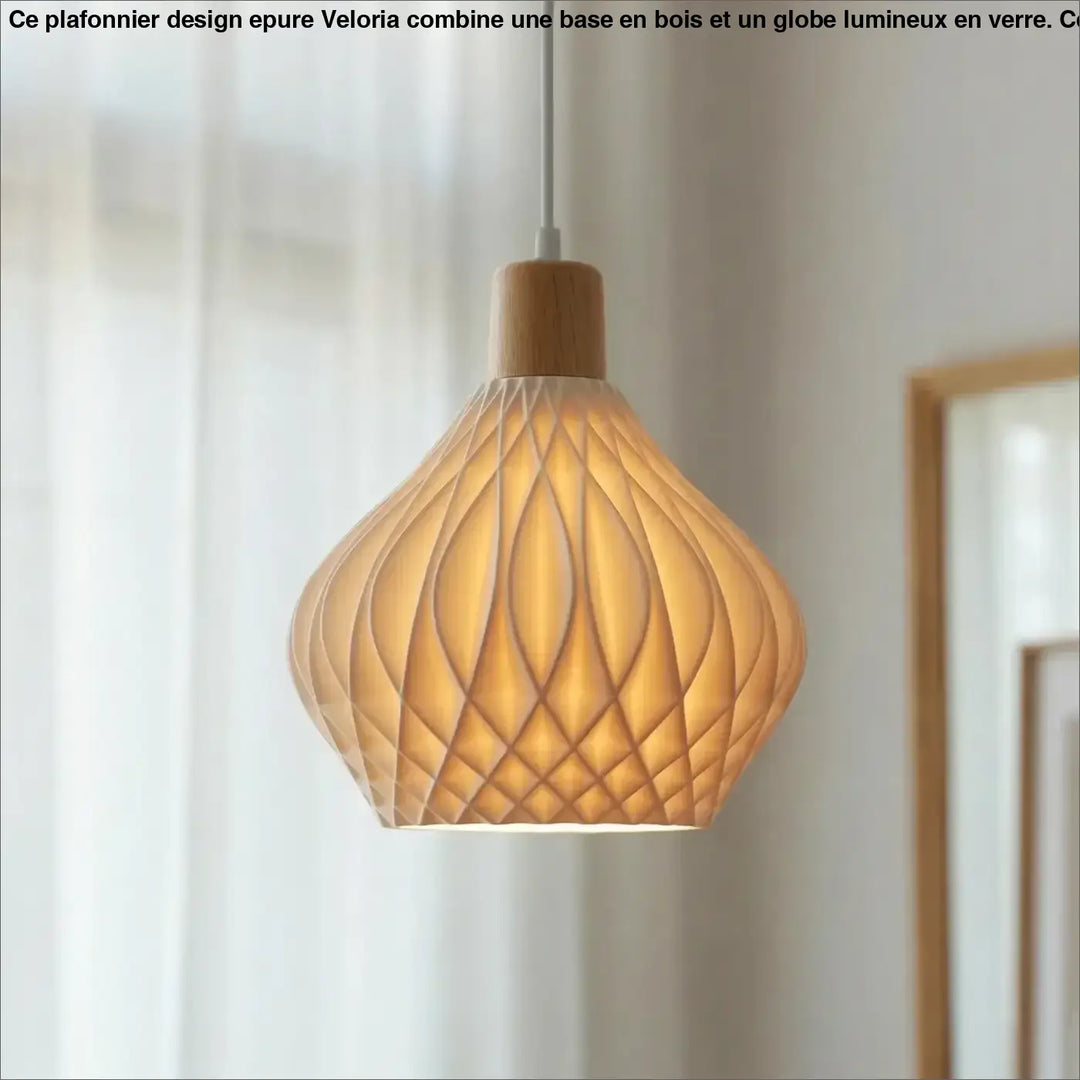 Suspension luminaire ondula avec design géométrique chaud, diffuseur translucide, bois naturel, pour une lumière douce et une touche élégante