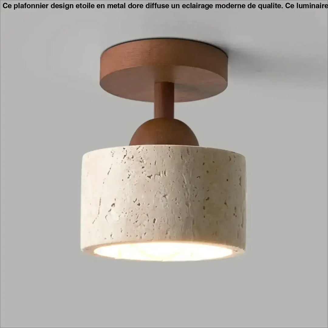 Luminaire plafonnier terris avec base en bois ton chaud et abat-jour en béton texturé ivoire off-white