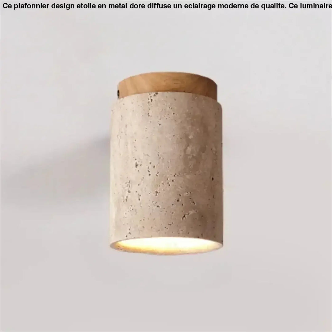 Luminaire plafonnier terris en béton cylindrique avec sommet en bois naturel et éclairage chaud diffus