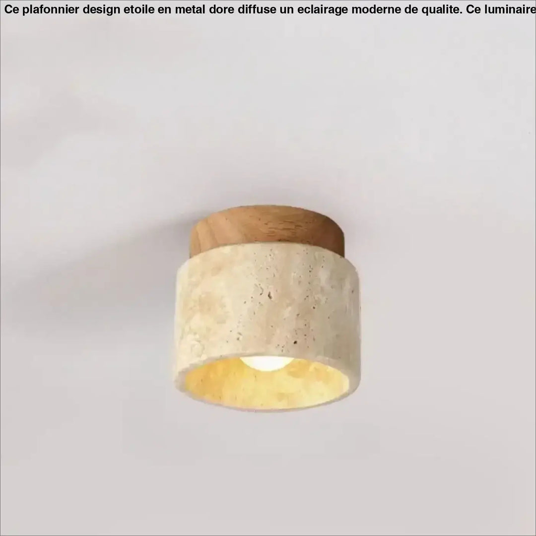 Luminaire plafonnier terris avec corps en béton beige texturé et sommet en bois naturel émettant une lumière chaude jaune