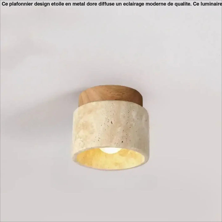 Luminaire plafonnier terris avec corps en béton beige texturé et sommet en bois naturel émettant une lumière chaude jaune