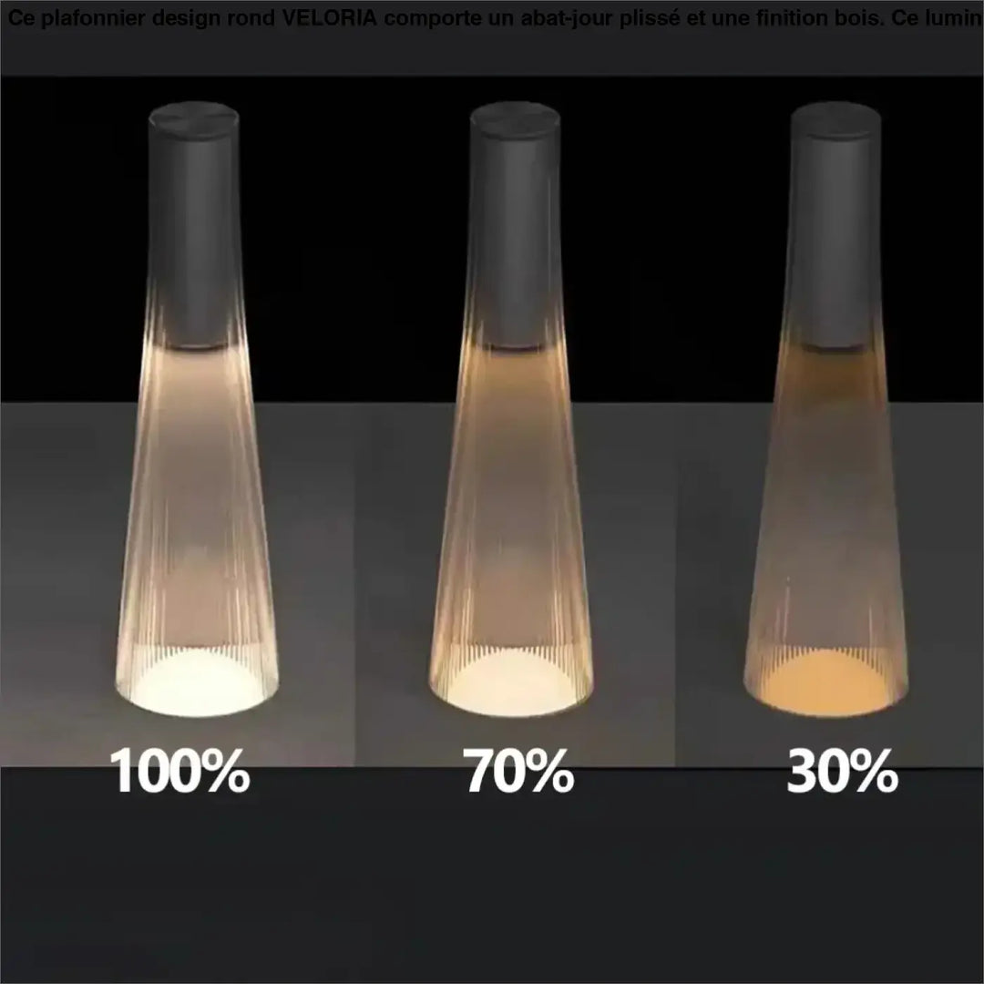 Lampe de chevet acyr en verre moderne avec dessus noir émettant différentes intensités de lumière chaude style épuré