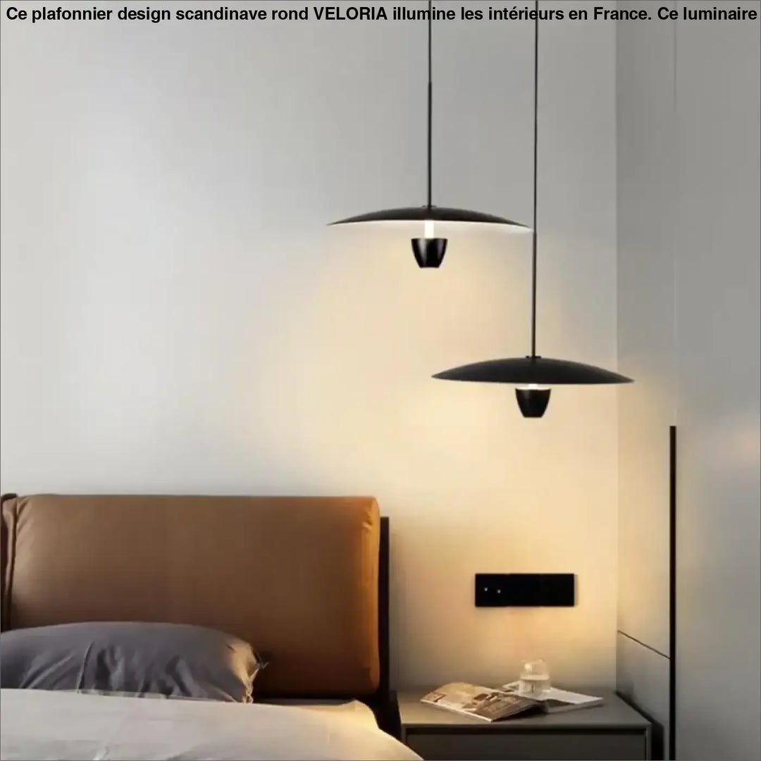 Suspension luminaire habaka avec deux suspensions noires élégantes à abat-jour disque minimaliste au-dessus du lit