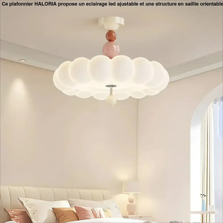 Luminaire plafonnier petalya design en forme de nuage blanc doux avec accents sphériques rose et terracotta en verre dépoli