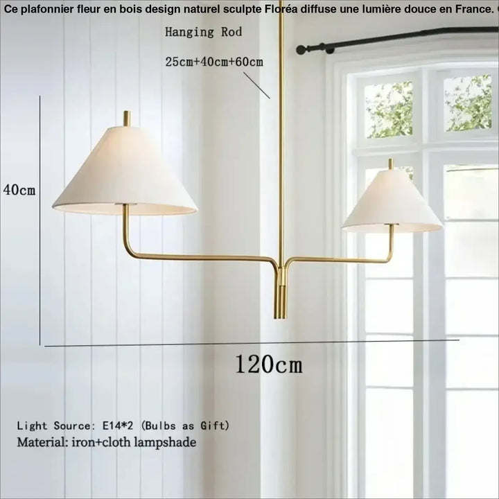 Suspension design dorée à deux bras avec abat jour beige
