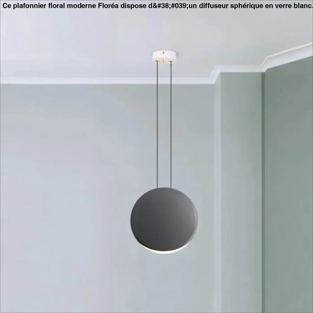 Suspension luminaire lunis avec abat-jour circulaire mat noir minimaliste suspendu par câbles fins au plafond blanc