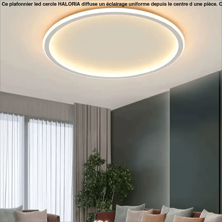 Plafonnier led cercle haloria avec cadre blanc moderne et lumière ambiante chaude pour un éclairage intérieur élégant