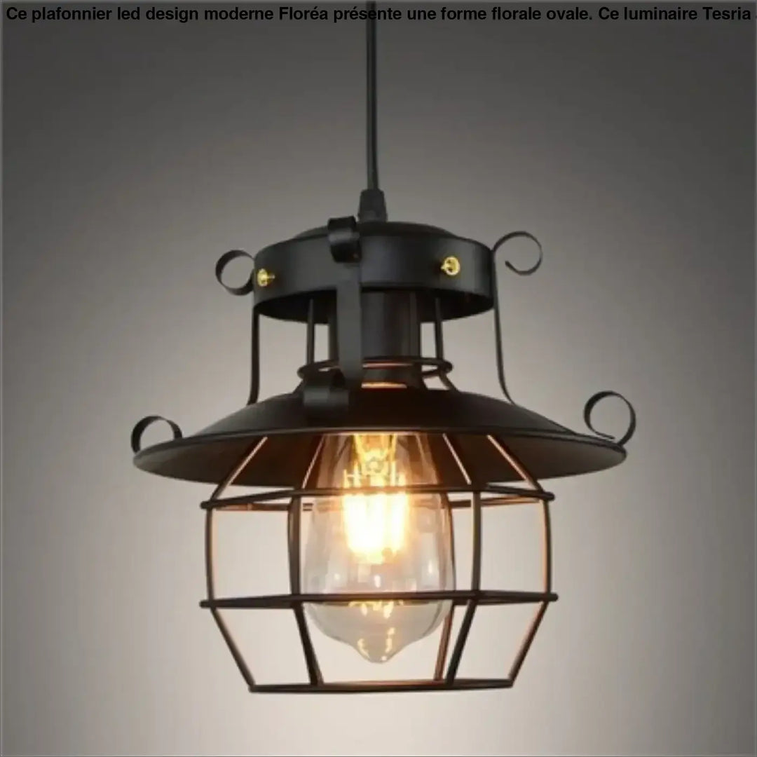 Suspension Industrielle Noire Style Lanterne Métal Et Verre

