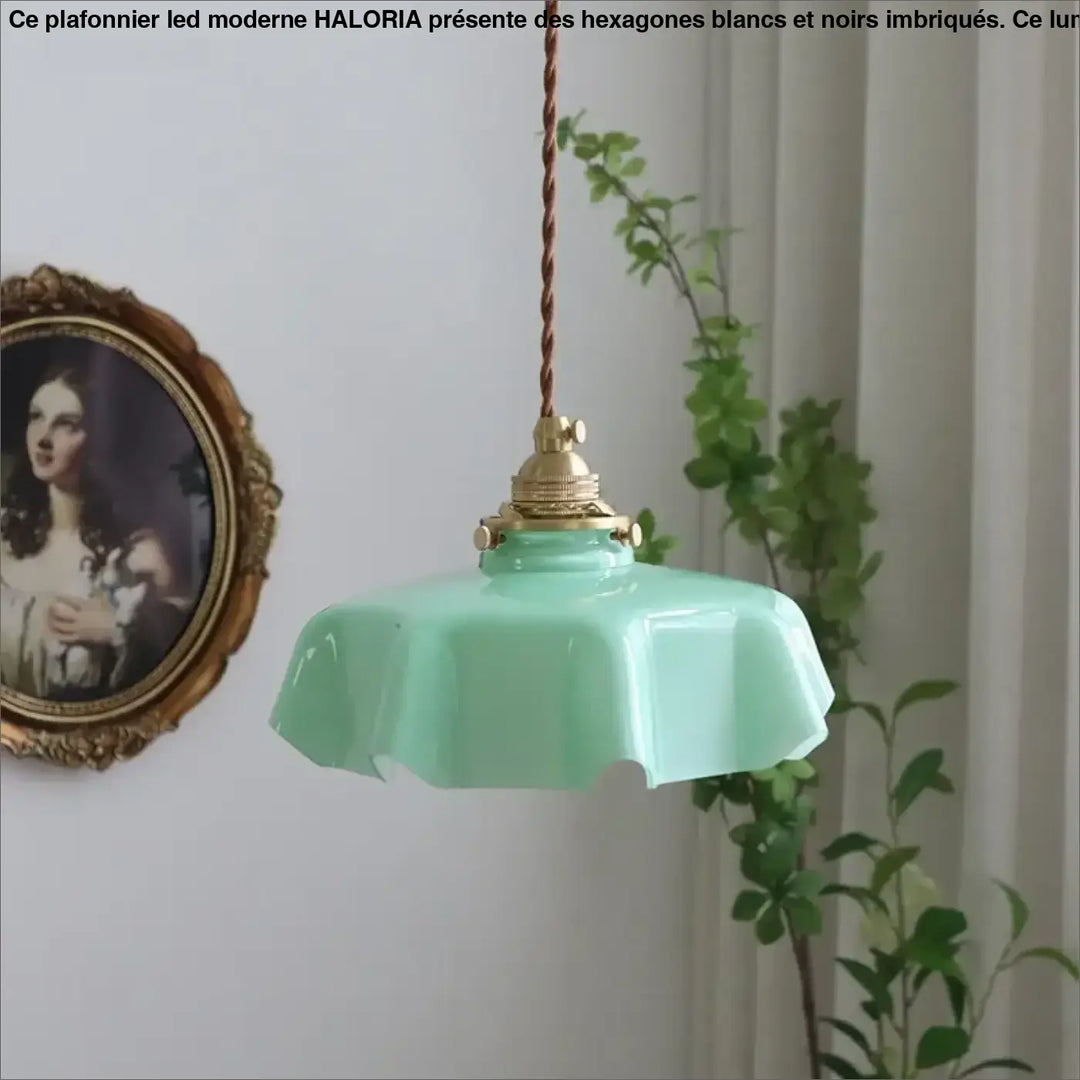 Suspension Rétro En Verre Ondulé Rose Et Laiton Vieilli