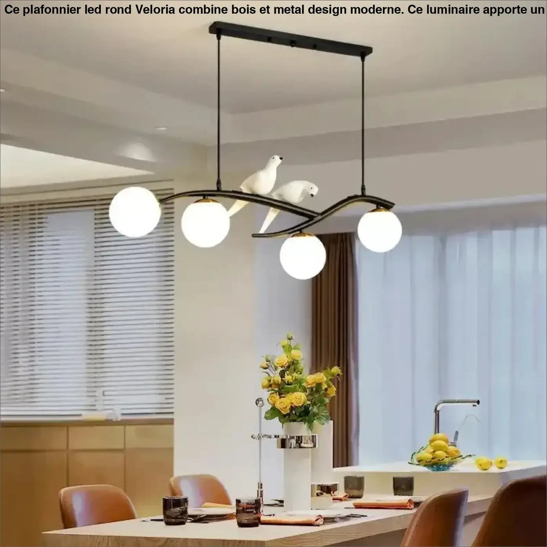 Plafonnier led rond en bois et metal design moderne noir avec quatre globes en verre blanc et deux colombes sculptées