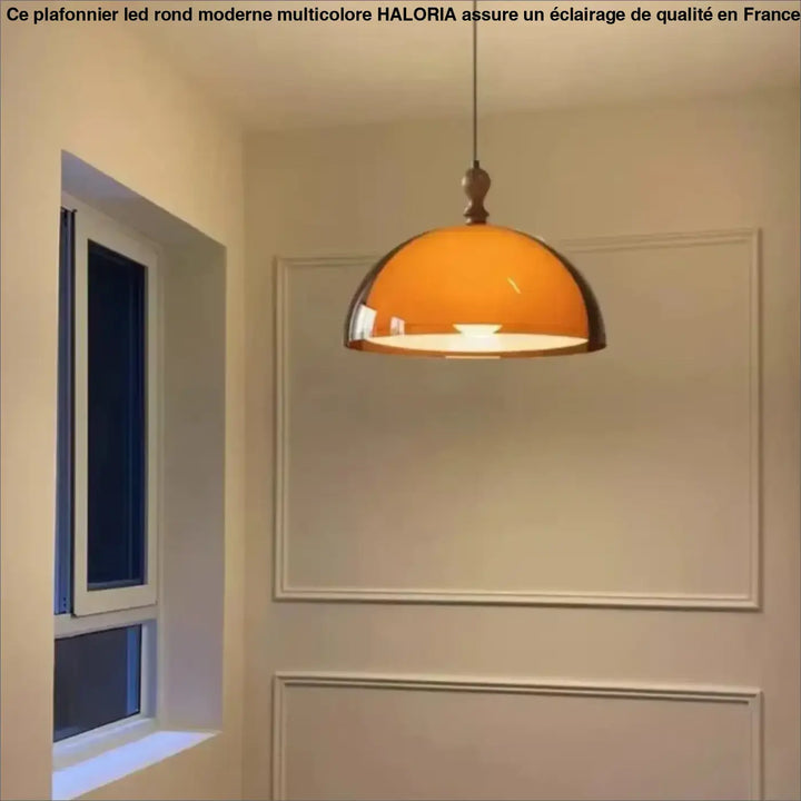 Suspension dôme en verre ambré et bois design vintage

