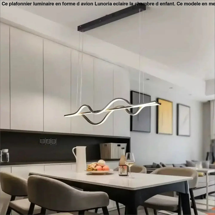 Suspension luminaire paloma noire et blanche à led ondulée design moderne suspendue au-dessus dune table de salle à manger