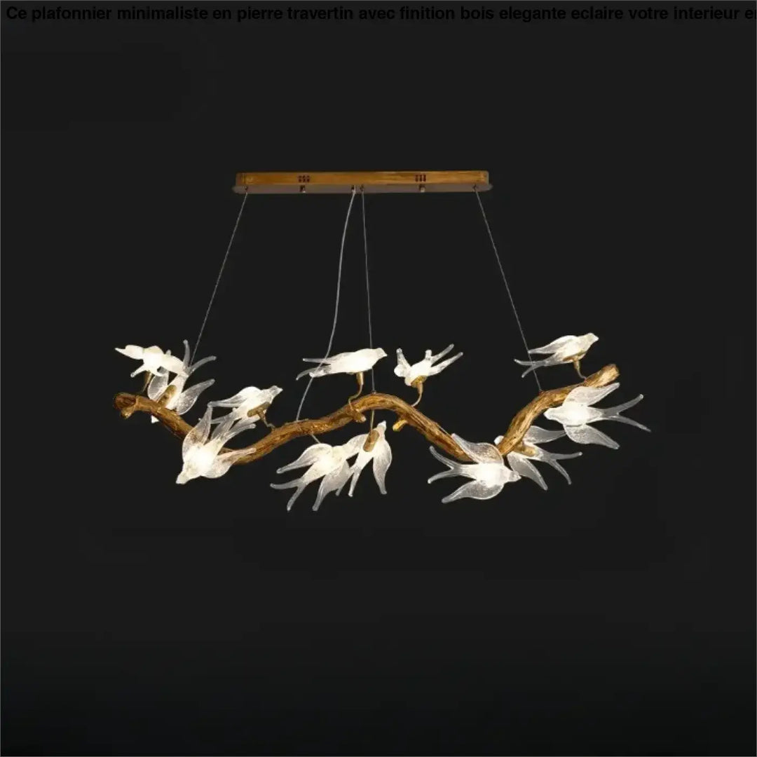 Luminaire plafonnier winglow en bois rustique orné d oiseaux en verre blanc translucide pour un éclairage décoratif
