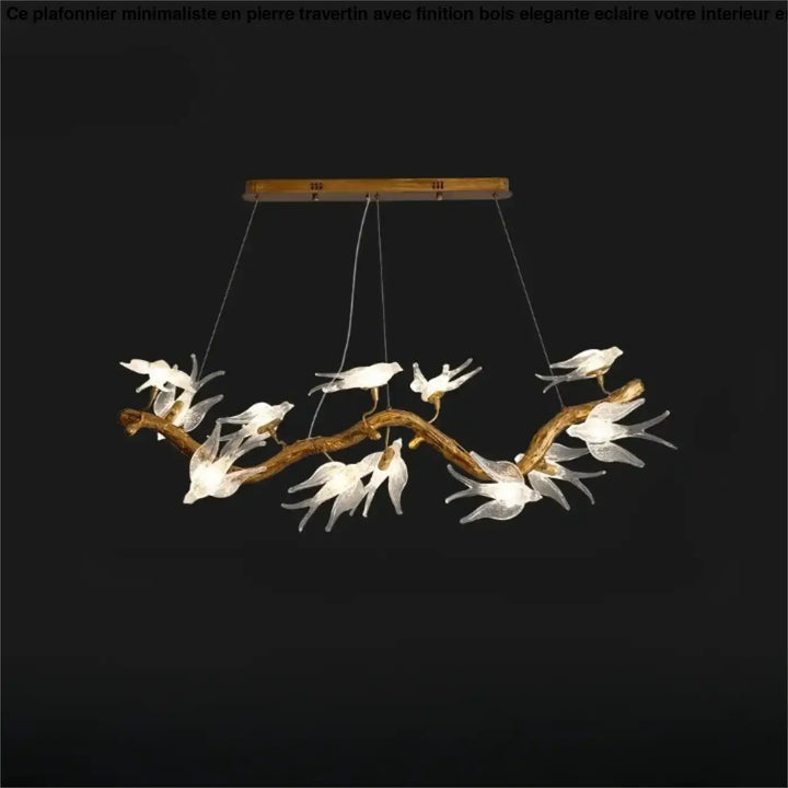 Luminaire plafonnier winglow en bois rustique orné d oiseaux en verre blanc translucide pour un éclairage décoratif