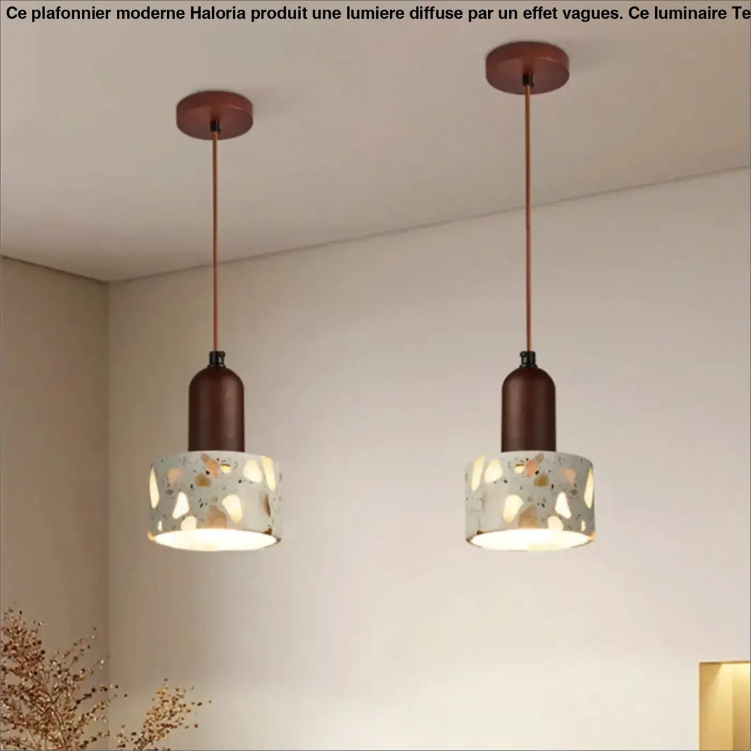 Deux plafonniers modernes à effet vagues avec lumière diffuse en béton cylindrique finition bronze haloria