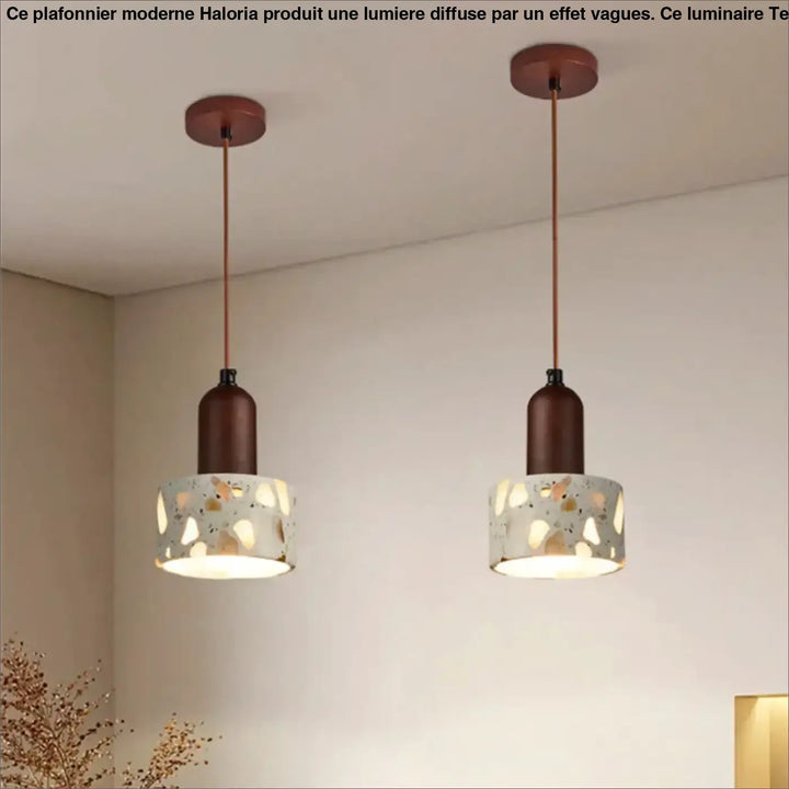 Deux plafonniers modernes à effet vagues avec lumière diffuse en béton cylindrique finition bronze haloria