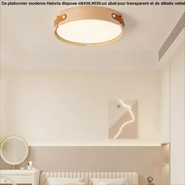 Luminaire plafonnier rond avec cadre en bois naturel et sangles en cuir marron détails inspirés tanox