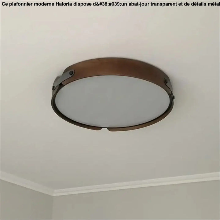 Luminaire plafonnier rond tanox avec cadre en métal bronze et panneau en verre dépoli aux détails inspirés