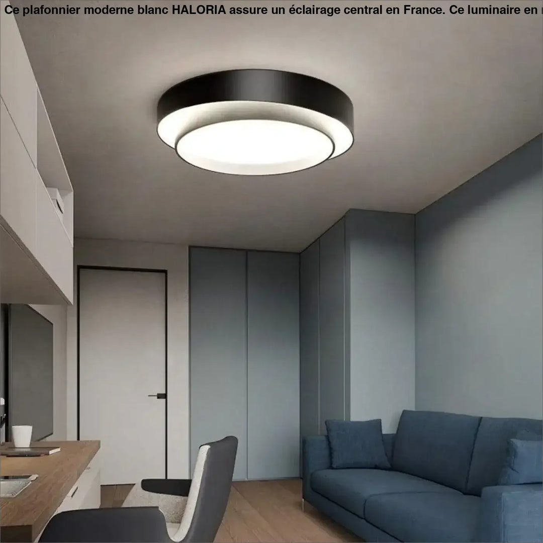 Plafonnier moderne blanc haloria avec design minimaliste circulaire noir et deux anneaux concentriques en métal