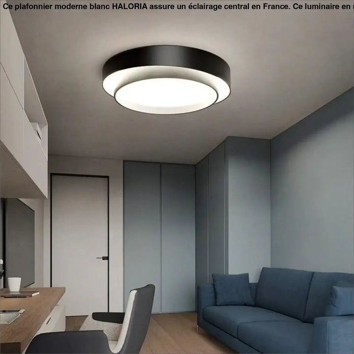 Plafonnier moderne blanc haloria avec design minimaliste circulaire noir et deux anneaux concentriques en métal