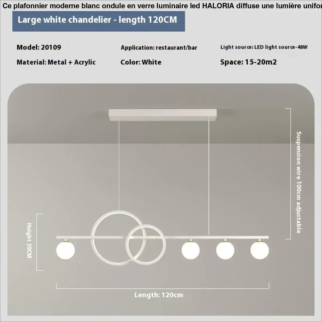 Plafonnier moderne blanc en verre avec anneaux circulaires superposés et cinq ampoules led sphériques design moderne blanc ondule