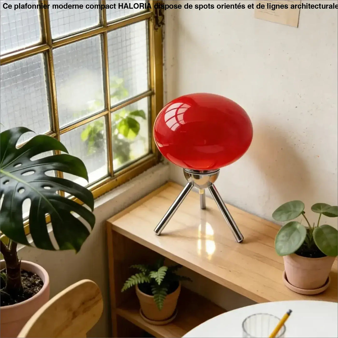 Lampe de chevet nordou avec abat-jour en verre rouge sphérique et base trépied chrome chevet champignon rétro