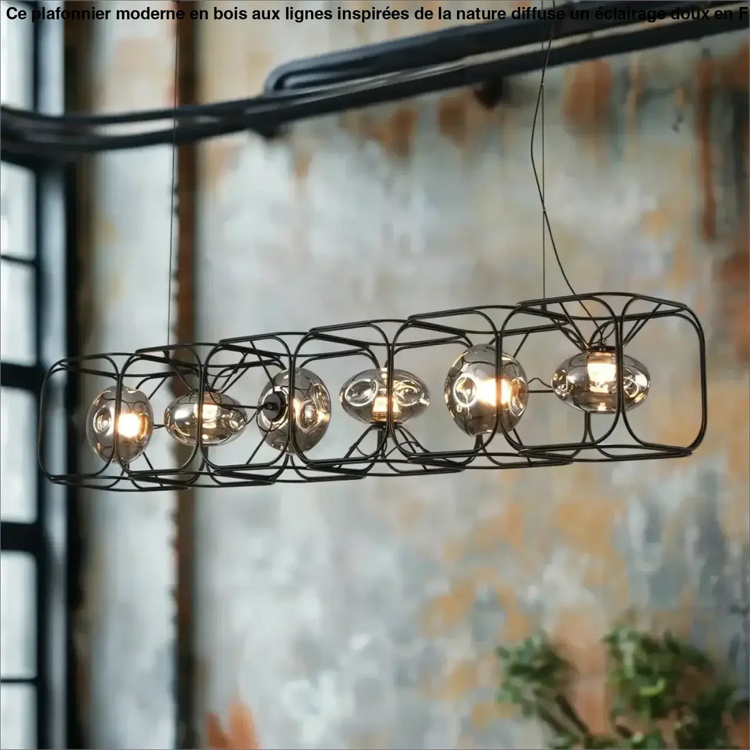 Suspension luminaire hexora industrielle en métal noir avec cinq globes en verre sphériques pour un style moderne