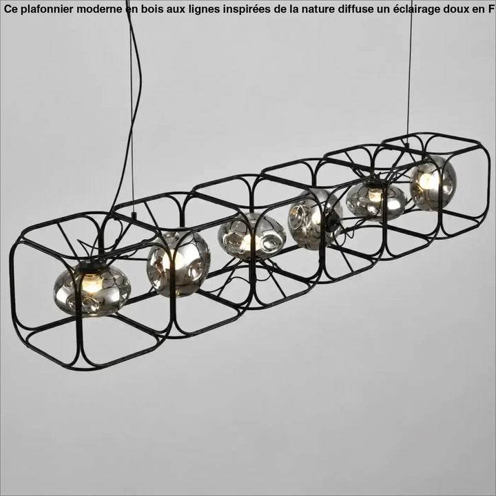 Suspension luminaire hexora noire en métal avec cinq globes en verre sphériques structure alvéolaire moderne