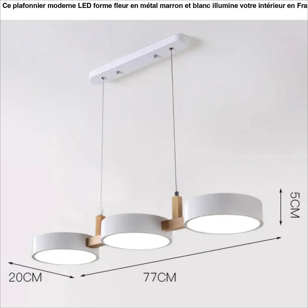 Plafonnier moderne led forme fleur marron et blanc avec trois abat-jours cylindriques en bois clair et blanc