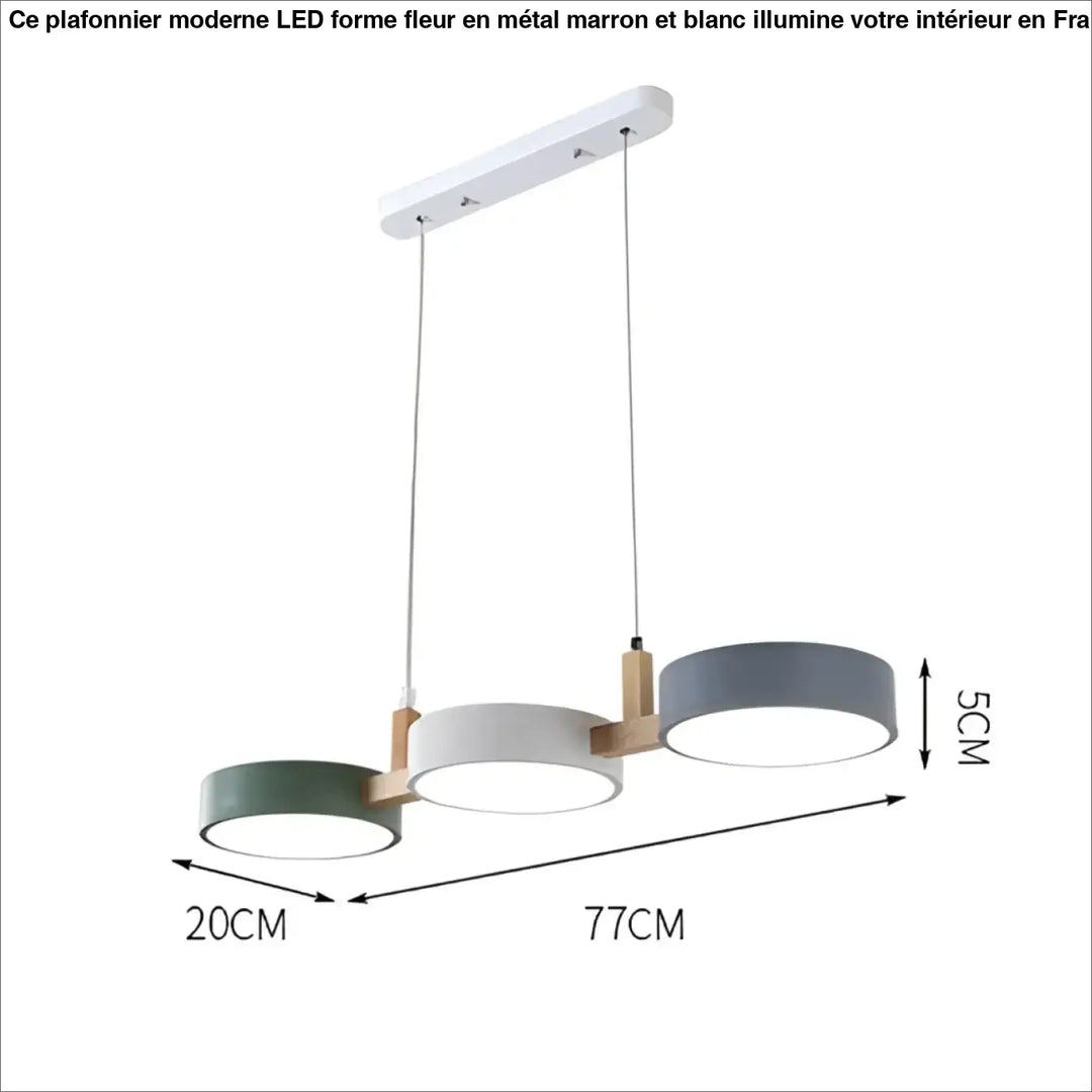 Plafonnier moderne led forme fleur marron et blanc avec trois abat-jours circulaires vert, blanc, gris et accents en bois