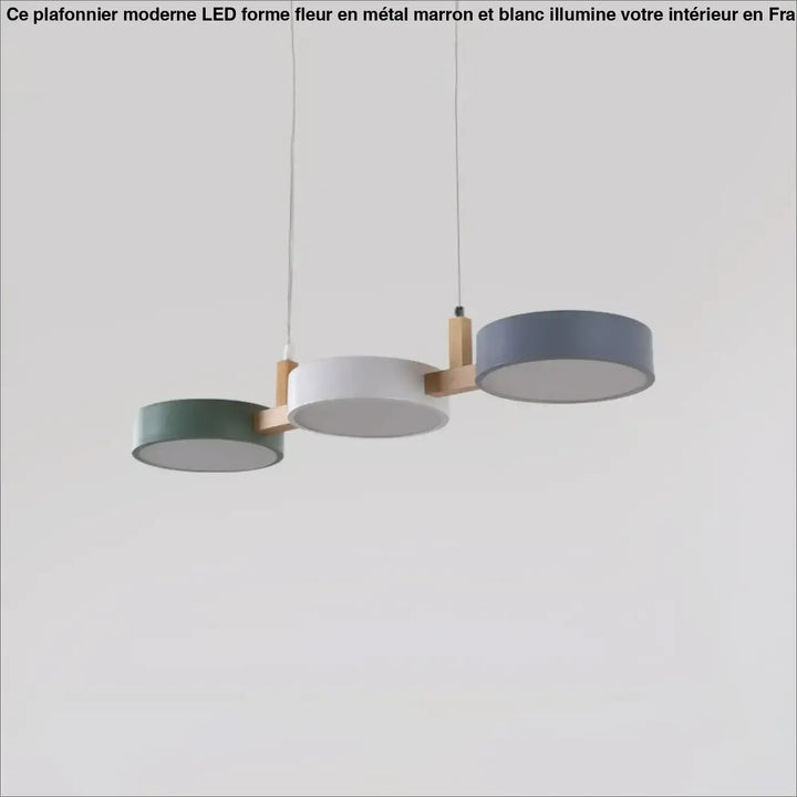 Plafonnier moderne led forme fleur marron et blanc avec trois abat-jours cylindriques en vert, blanc et gris