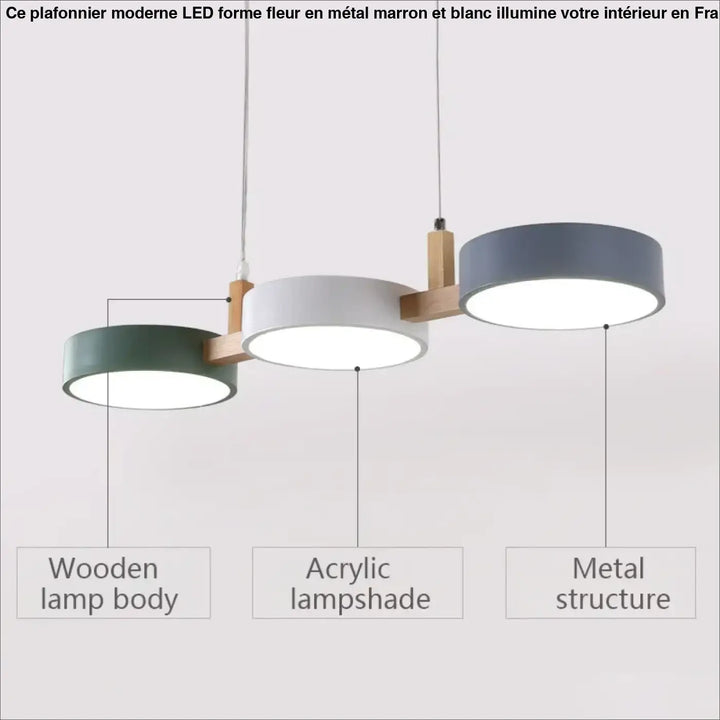 Plafonnier moderne led forme fleur marron et blanc avec trois abat-jours circulaires en acrylique vert blanc gris et structure bois minimaliste