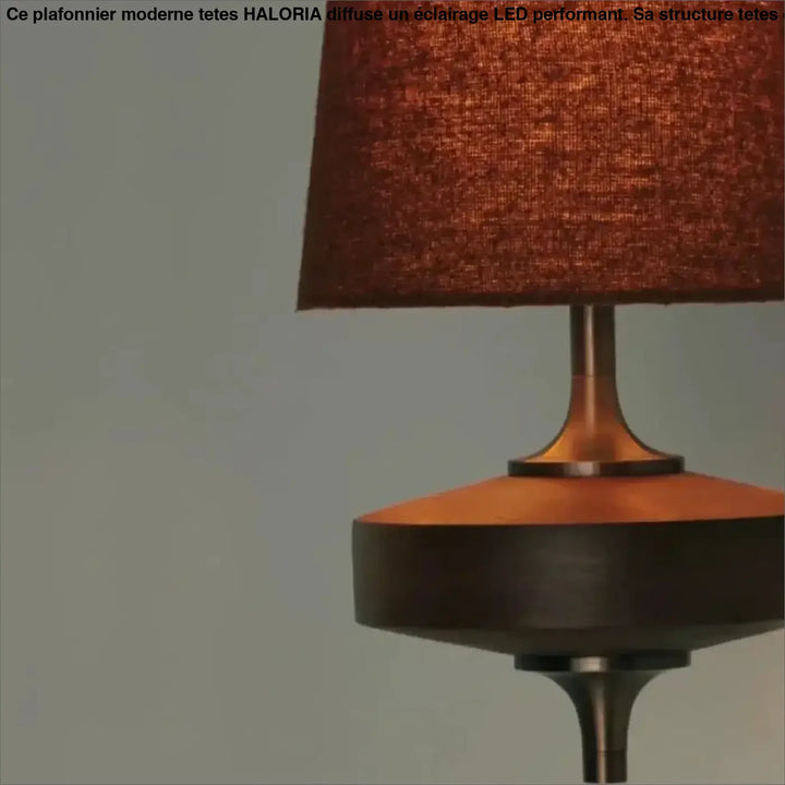 Lampe de table cuivre à abat-jour texturé rouille associée au plafonnier moderne tetes design noir eclairage led haloria