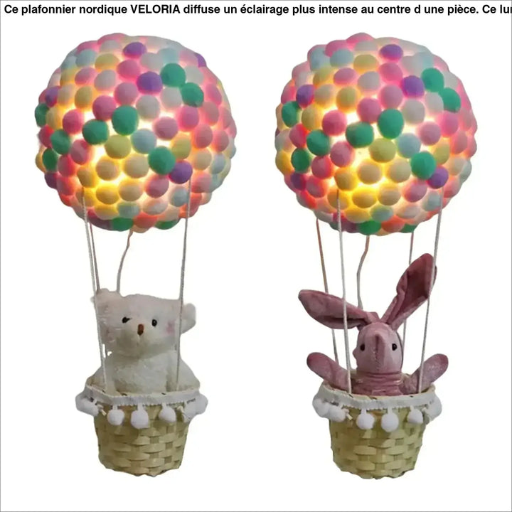 Veilleuse balou suspension luminaire montgolfière avec ourson blanc et lapin rose en perles translucides pastel