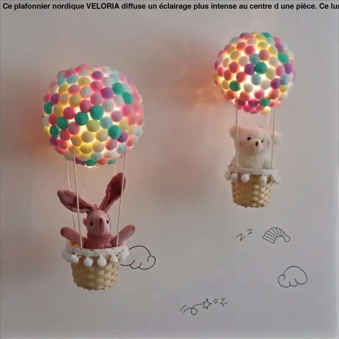Veilleuse balou suspension luminaire montgolfière pastel colorée avec peluches lapin et koala en paniers tressés pour décoration intérieure