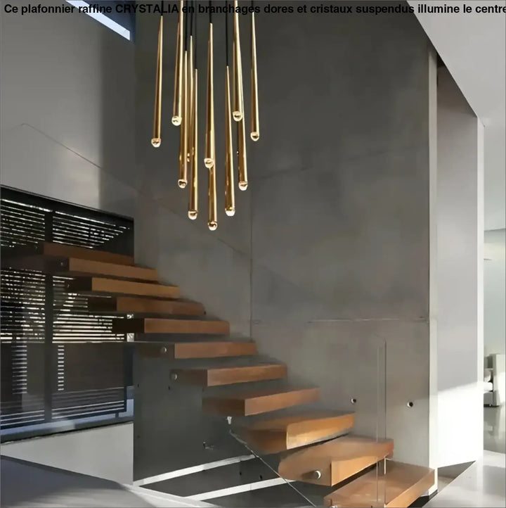 Suspension luminaire gildeo avec éclairage cylindrique doré h300cm lumière chaude et lumière neutre moderne
