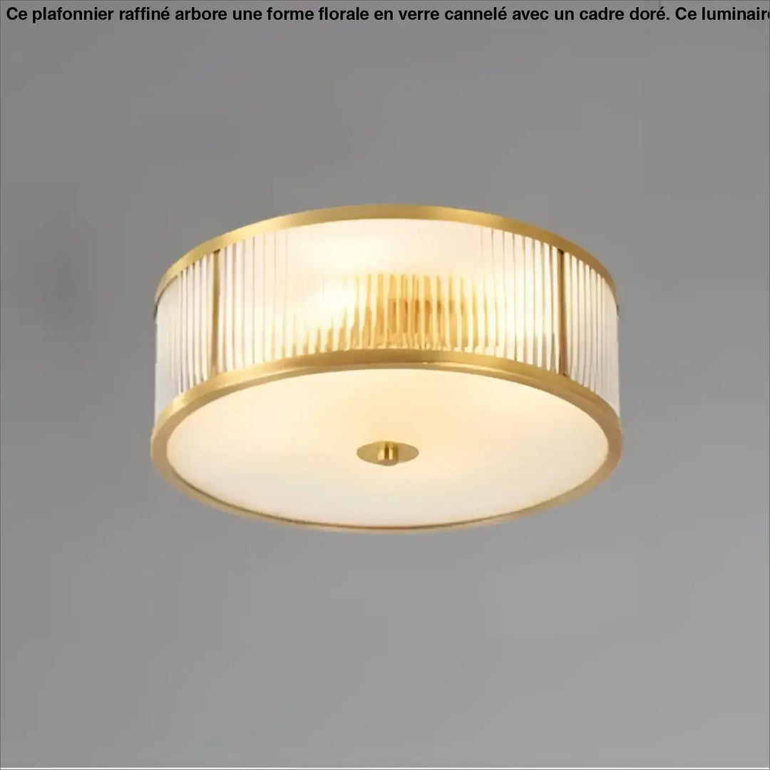 Luminaire plafonnier althea en cadre doré avec verre cannelé vertical et diffuseur givré pour décoration intérieure