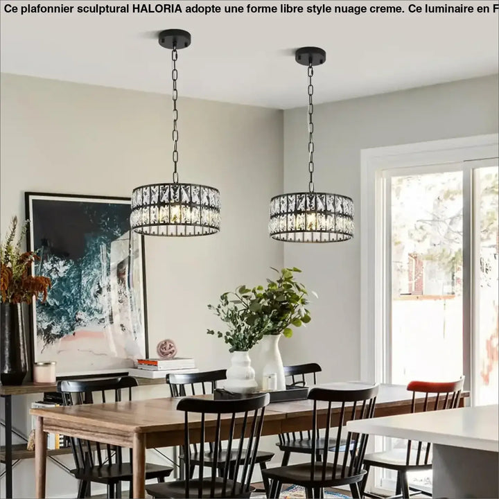 Suspension tambour noir avec cristaux style art déco