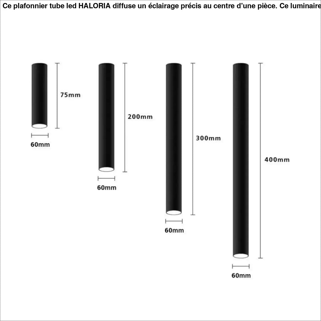 Plafonnier tube led noir cylindre de 60 mm de diamètre en plusieurs hauteurs de 75 à 400 mm design haloria