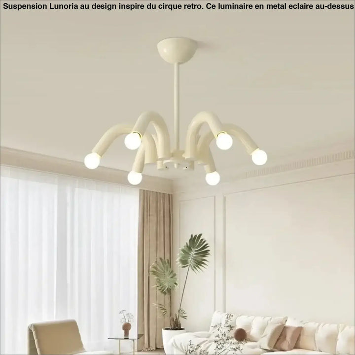 Suspension luminaire kandi crème moderne avec six bras courbés et ampoules sphériques style pop art